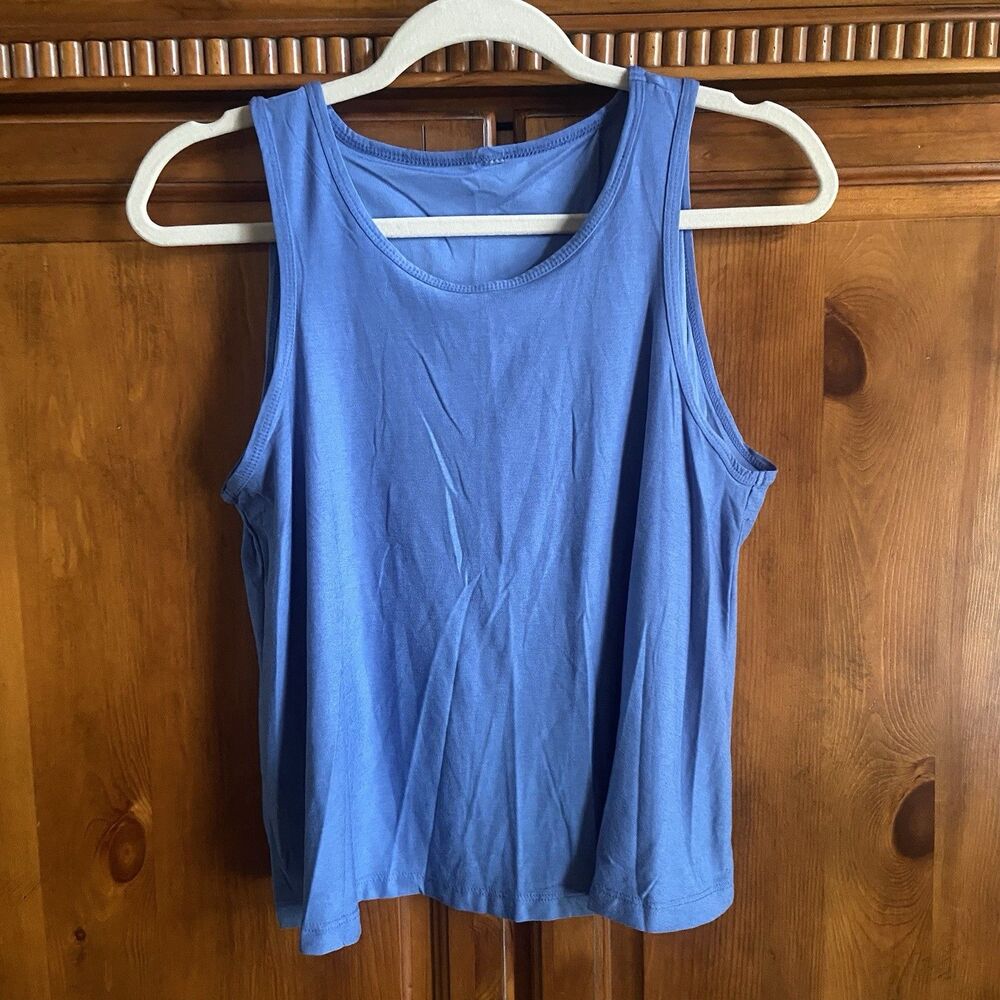 Beyond Yoga Featherweight Flutter Tank Cross Open Back Sz XL Blue Indigo Gym Top